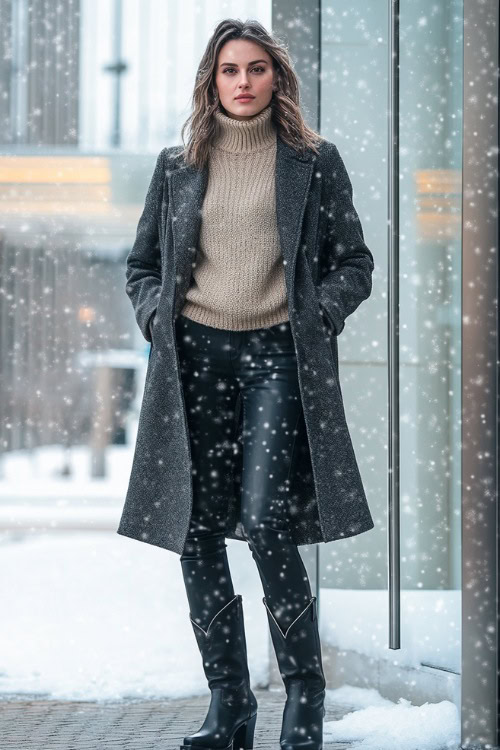 A warm and professional winter outfit showcasing a woman in a charcoal-gray wool overcoat, a beige knit sweater, and straight-leg black pants tucked into classic black cowboy boots