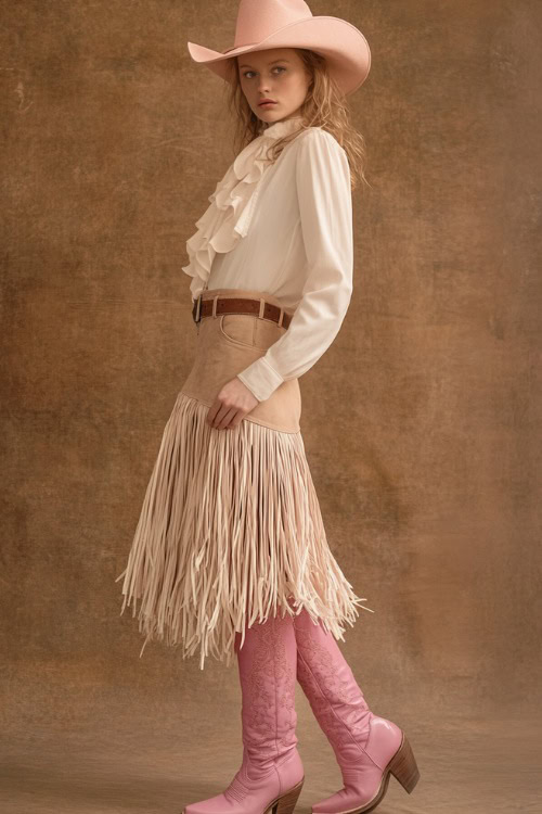 A western-inspired outfit featuring a fringe suede skirt in beige, paired with a white blouse and pink cowboy boots