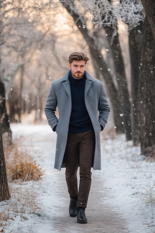 A winter-ready outfit featuring a man in a gray wool trench coat over a navy-blue sweater, dark brown bootcut pants tucked into black cowboy boots (2)