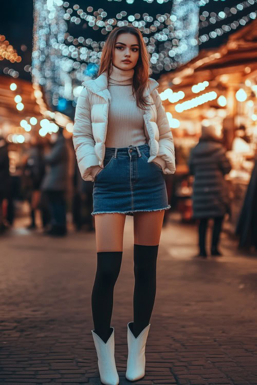 A woman combines short white cowboy boots with a dark blue high-waisted denim skirt, black tights, and a fitted cream turtleneck layered with a puffer vest (2)