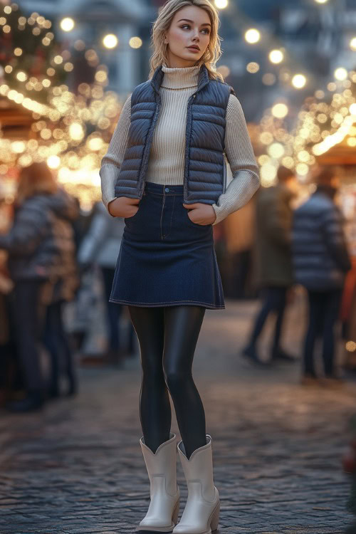 A woman combines short white cowboy boots with a dark blue high-waisted denim skirt, black tights, and a fitted cream turtleneck layered with a puffer vest (3)