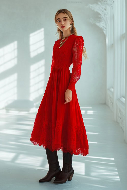 A woman dressed in a red A-line midi dress with lace sleeves, black cowboy boots, and gold jewelry