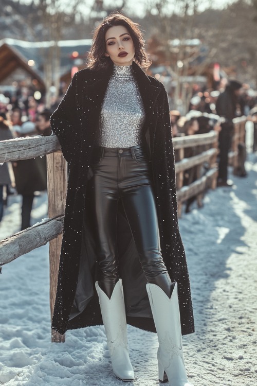 A woman dresses in white cowboy boots, black leather pants, a shimmery silver top with a high neckline, and a long black wool coat draped open