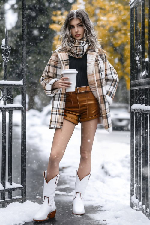 A woman in short white cowboy boots styled with a ribbed black turtleneck and a caramel-colored leather mini skirt,layered with a plaid wool coat in shades of brown and beige (2)