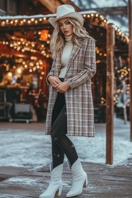 A woman in short white cowboy boots styled with black leggings and a cream turtleneck under a plaid wool coat, with a matching beanie