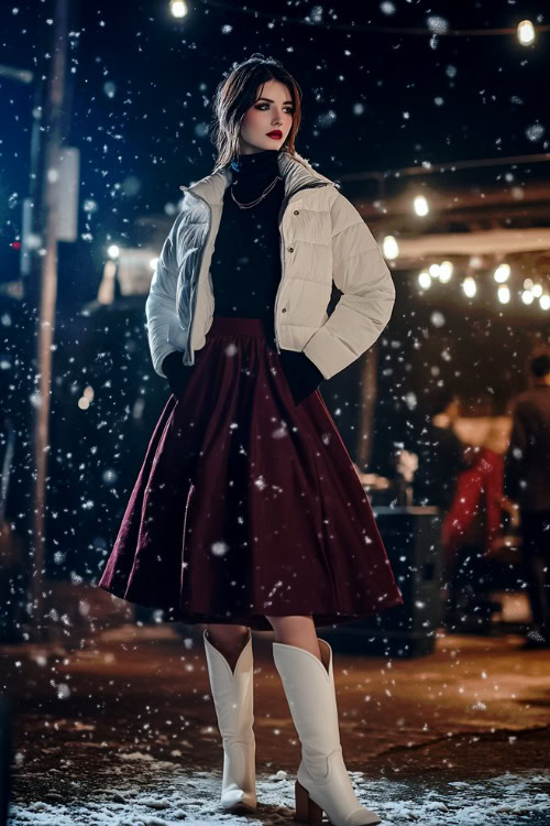 A woman in white cowboy boots and a wool-blend midi skirt in a deep burgundy color, paired with a fitted black turtleneck and a puffer jacket (2)