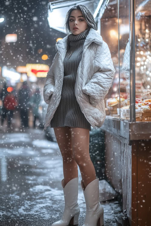 A woman styled in short white cowboy boots with a midi ribbed sweater dress in dark grey, a quilted puffer jacket, and a cozy infinity scarf.