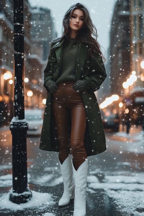 A woman styled in short white cowboy boots with leather leggings, an oversized olive sweater, and a long trench coat