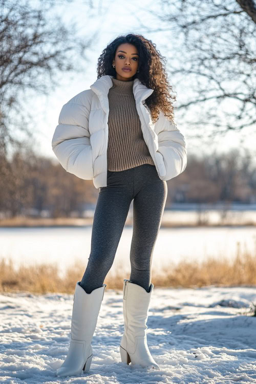 A woman styled in tall white cowboy boots with high-waisted dark grey leggings, a thick sweater, and an oversized puffer jacket