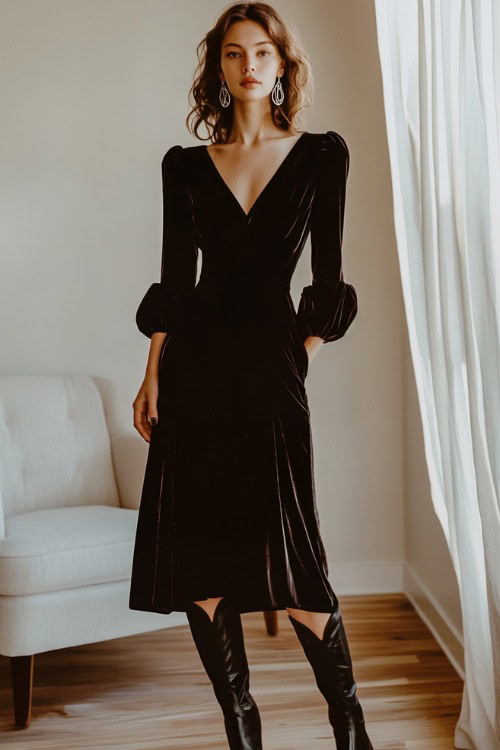 A woman wearing a fitted black velvet midi dress with long sleeves, paired with sleek black cowboy boots and silver statement earrings