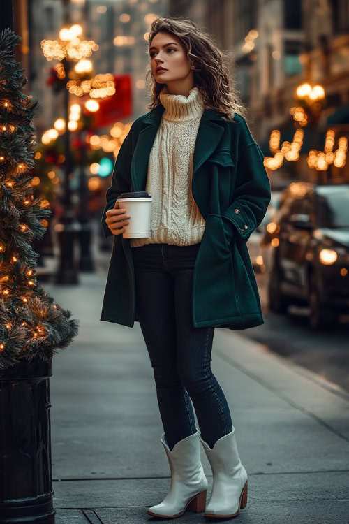 A woman wears short white cowboy boots with dark denim, layered with a creamy oversized cable-knit sweater and a tailored green peacoat (2)