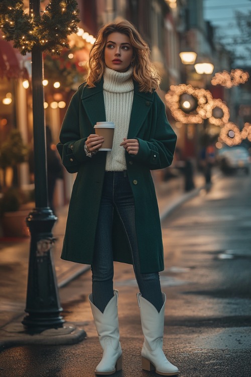 A woman wears short white cowboy boots with dark denim, layered with a creamy oversized cable-knit sweater and a tailored green peacoat