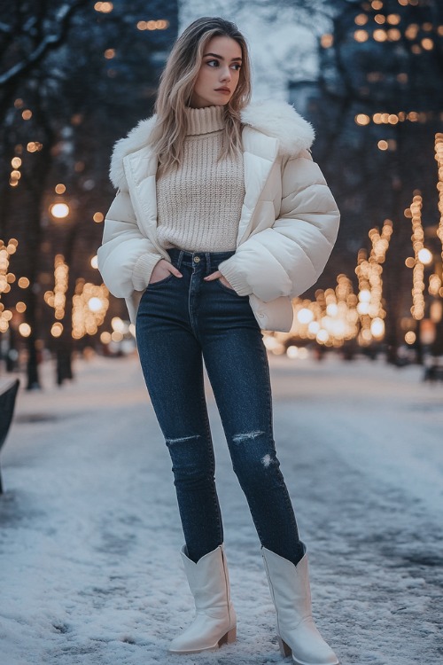 A woman wears short white cowboy boots with dark skinny jeans, a chunky knit turtleneck sweater in cream, and a cropped puffer jacket