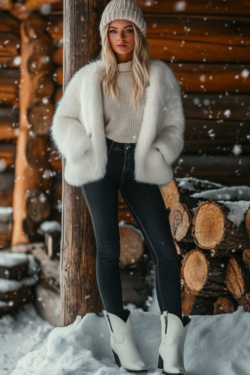 A woman wears short white cowboy boots with high-waisted black jeans and a cropped faux fur jacket in ivory, layered over a fitted thermal top