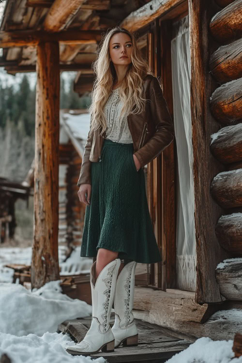 A woman wears tall white cowboy boots with a long woolen midi dress in dark green and a leather jacket