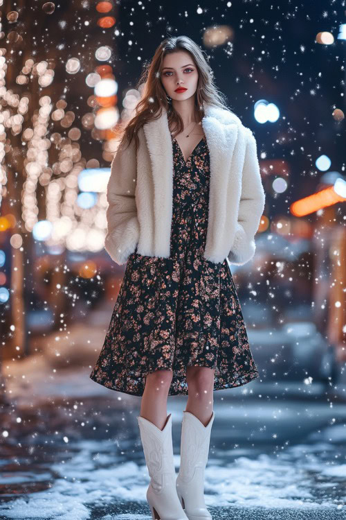 A woman wears white cowboy boots with a dark floral maxi dress with full sleeves and a cinched waist, layered with a faux fur jacket in cream