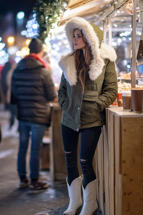 A woman wears white cowboy boots with skinny black jeans and an oversized olive green parka with a faux fur-trimmed hood. She’s enjoying a winter concert setting