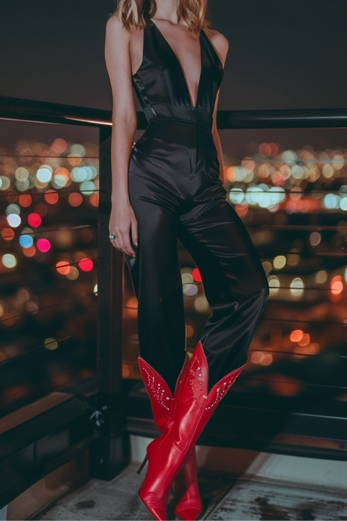 a woman wears a black jumpsuit and red cowboy boots