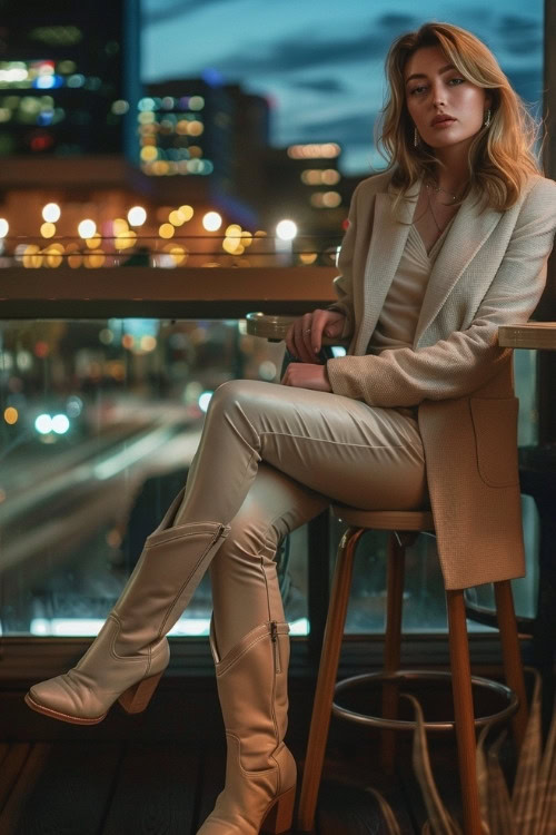 a woman wears a cream blazer, leather pants and nude cowboy boots