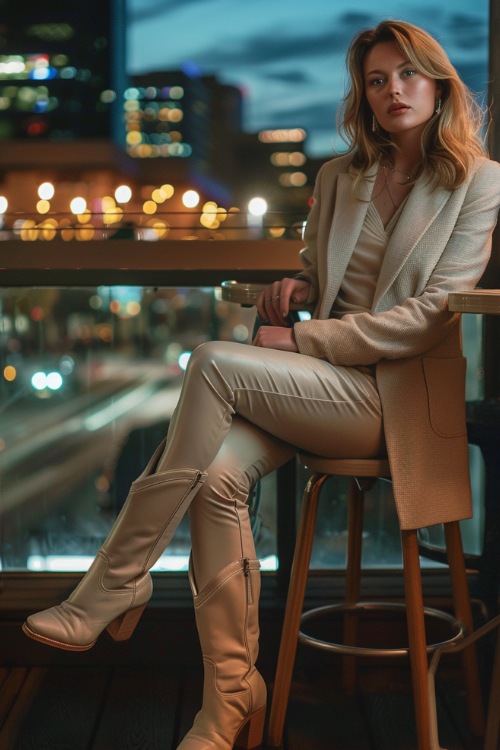 a woman wears a cream blazer, leather pants with nude cowboy boots