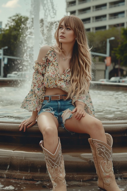 a woman wears a floral blouse, jean shorts and brown cowboy boots