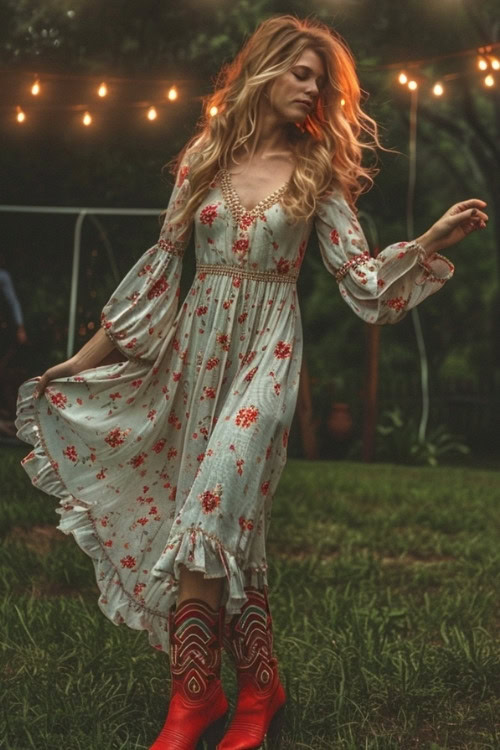 a woman wears a floral dress and red cowboy boots (3)
