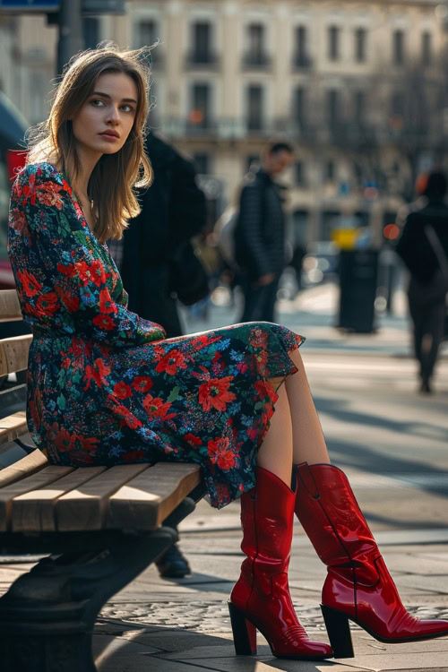 a woman wears a floral dress and red cowboy boots 4