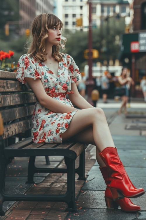 a woman wears a floral dress and red cowboy boots