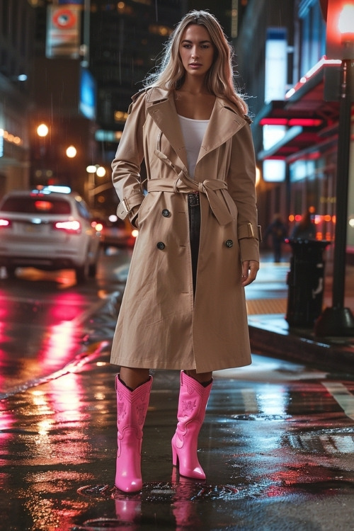 a woman wears a long trench coat and pink cowboy boots