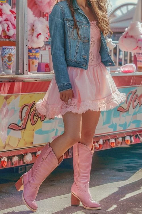 a woman wears a pink dress with a denim jacket and pink cowboy boots