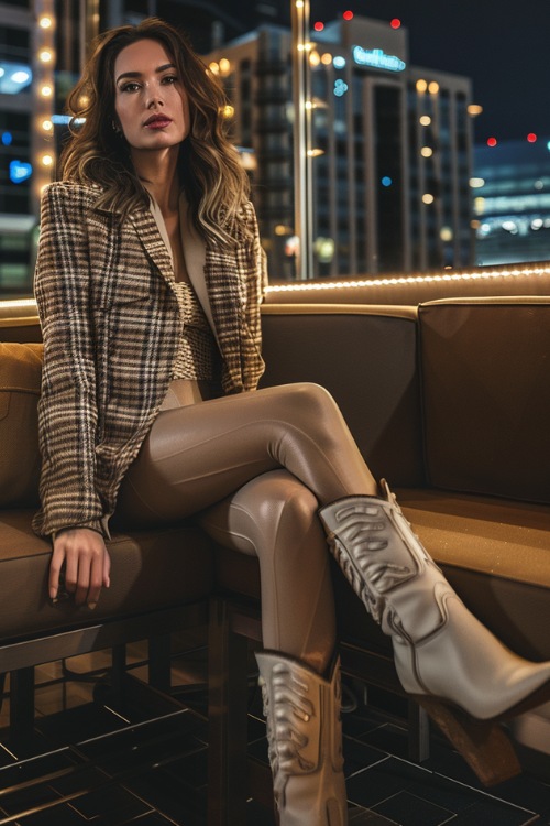 a woman wears a plaid blazer, leather pants with nude cowboy boots