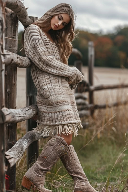 a woman wears a sweater dress and cowboy boots