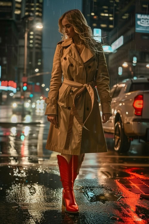 a woman wears a trench coat and red cowboy boots