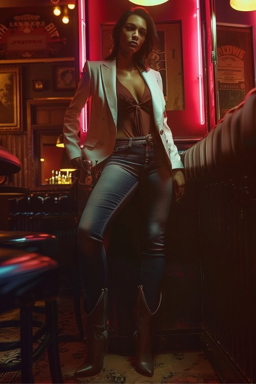 a woman wears a white blazer, jeans and brown cowboy boots