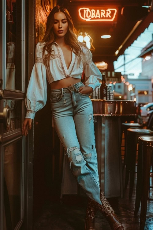 a woman wears a white blouse, jeans and brown cowboy boots