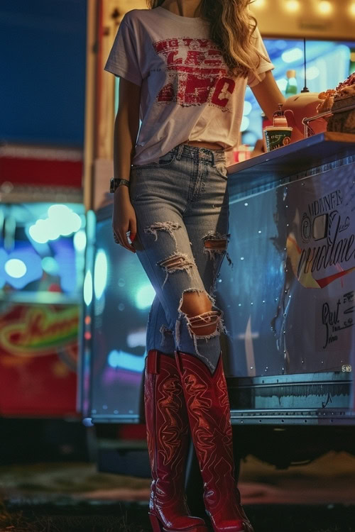 a woman wears a white t shirt, ripped jeans and red cowboy boots