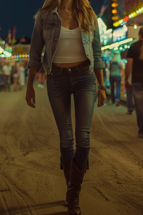 a woman wears a white top, a denim jacket, jeans and cowboy boots