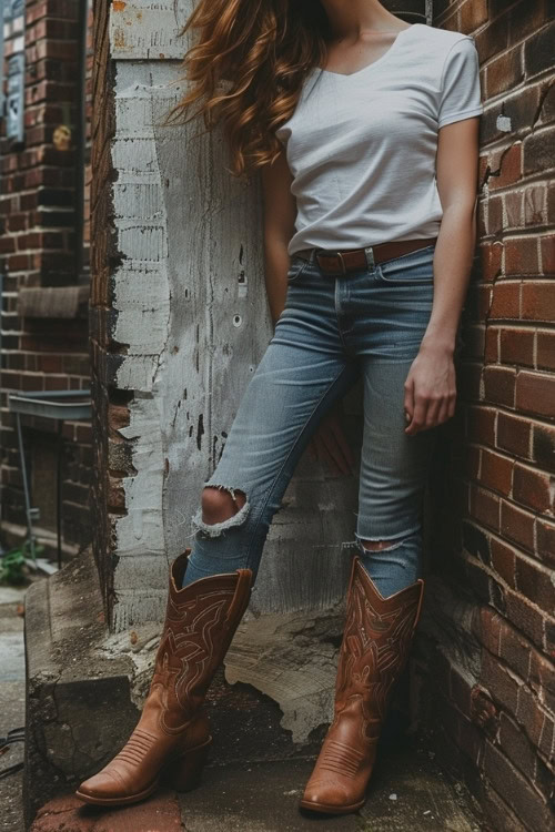 a woman wears a white top, ripped jeans and brown cowboy boots