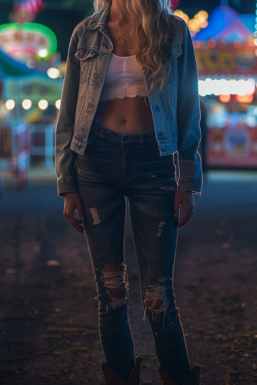 a woman wears a white top, ripped jeans and cowboy boots