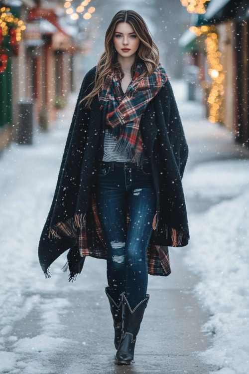 Woman in a dark wool coat layered over a plaid shawl, skinny jeans, and black cowboy boots, walking along a quiet, snow-dusted street lined with festive decorations