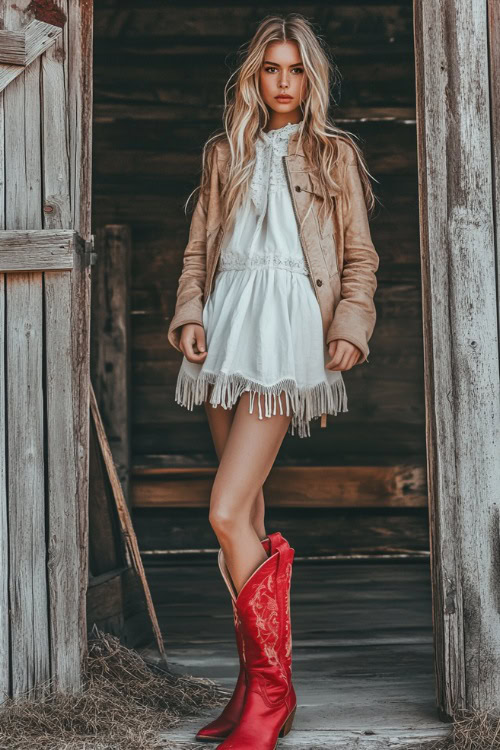 A Western-chic outfit featuring red cowboy boots, a ruffled white sundress, and a cropped fringe suede jacket (2)