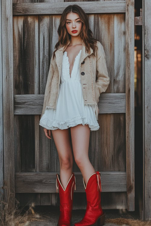 A Western-chic outfit featuring red cowboy boots, a ruffled white sundress, and a cropped fringe suede jacket