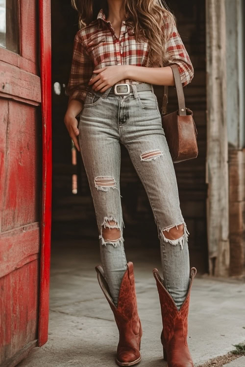 A Western-chic outfit with red cowboy boots, ripped skinny jeans, and a fitted plaid button-up shirt tied at the waist. She wears a cowhide belt and a leather crossbody bag