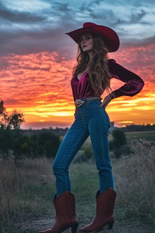 A Western-glam concert outfit with red cowboy boots, flared blue jeans, and a fitted velvet top. She accessorizes with a cowboy hat