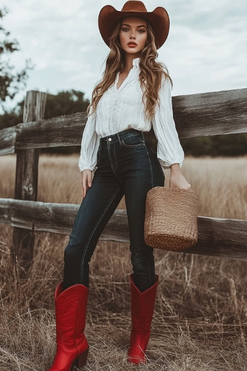 A Western-inspired but relaxed outfit with red cowboy boots, dark bootcut jeans, and a knotted white blouse