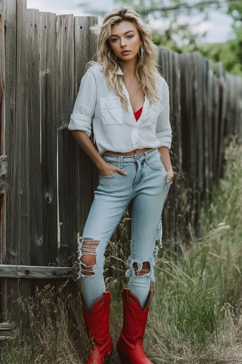 A Western-inspired but trendy look with red cowboy boots, ripped boyfriend jeans, and a knotted white linen shirt (2)