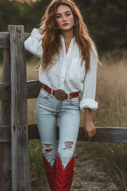 A Western-inspired but trendy look with red cowboy boots, ripped boyfriend jeans, and a knotted white linen shirt