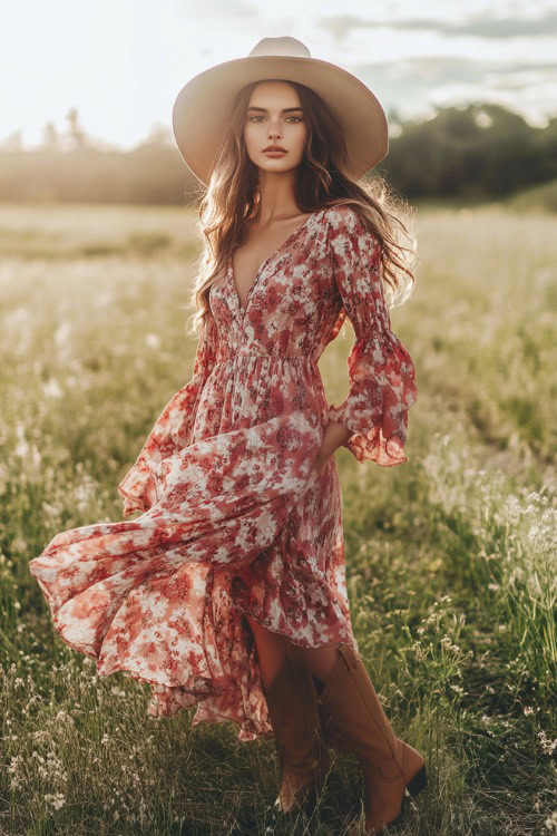 A boho-chic look featuring a floral maxi dress in shades of red and pink, paired with tan cowboy boots and a beige wide-brim hat (2)