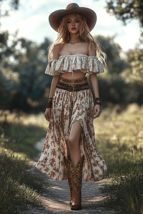 A boho-inspired look featuring a maxi skirt, off-the-shoulder top, and embroidered cowboy boots (2)