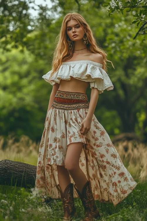 A boho-inspired look featuring a maxi skirt, off-the-shoulder top, and embroidered cowboy boots